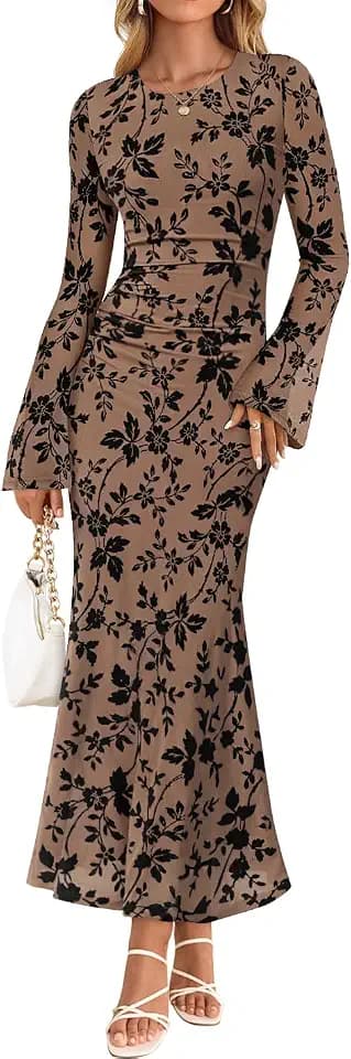 ZESICA Womens Long Sleeve Floral Fall Bodycon Ruched Mesh Maxi Formal Dress