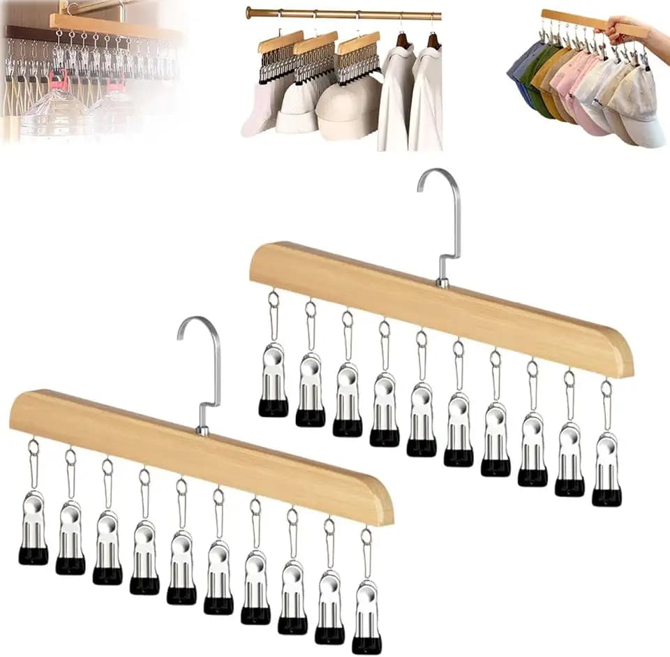 Closet Organizer with 10 Clips, 2PCS Space Saving Hanging Closet Organizer, Space-Saving Hat Scarf Clothespins for Jeans Skirts Socks Leggings Wooden Pant Hangers with Clips(Wood)