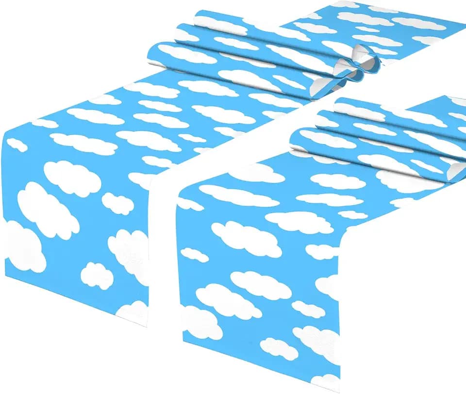 2 PCS Blue Sky White Cloud Table Runner 71 x 13'' Blue Sky White Cloud Table Runner Cartoon Themed Birthday Party Decoration Boy Girl Baby Shower Party Supply Home Kitchen Dining Room Decor