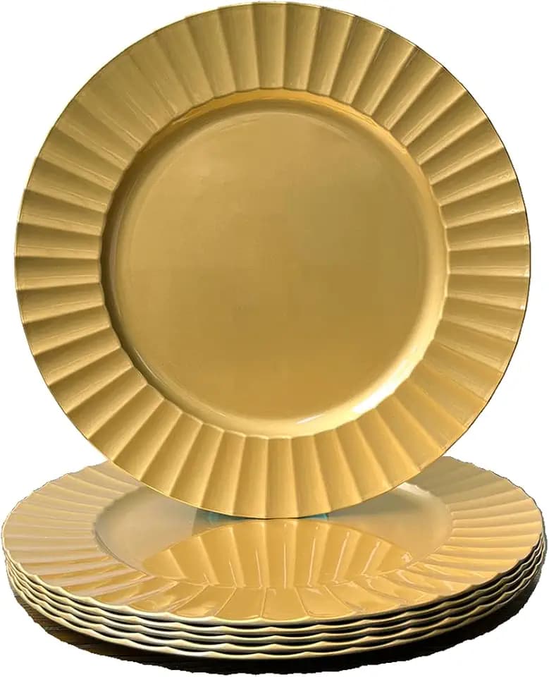13" Gold Charger Plates, Round Plate Chargers with Waved Scalloped Rim, Plastic Plate Charger for Dinner Plates for Place mats, Decoration, Table Setting.(Set of 6)