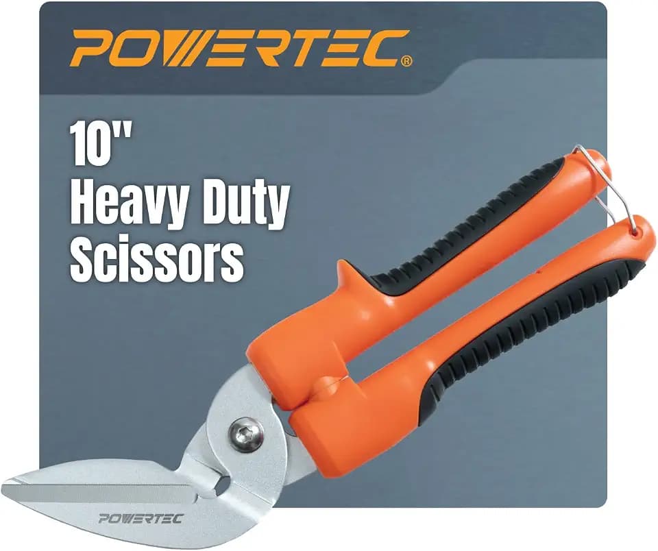 POWERTEC 10" Heavy Duty Scissors – Long-Blade Cutter with Curved Serrated Edge, Multipurpose Industrial Shears for Carpet, Cardboard, Leather, Upholstery, Fabric, Gardening & DIY (72396)