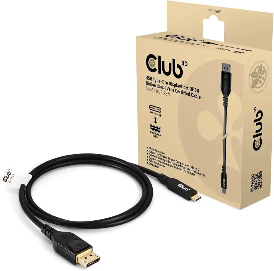 Club3D USB Typ-C auf DisplayPort DP80 bidirektionales VESA zertifiziertes Kabel 1m