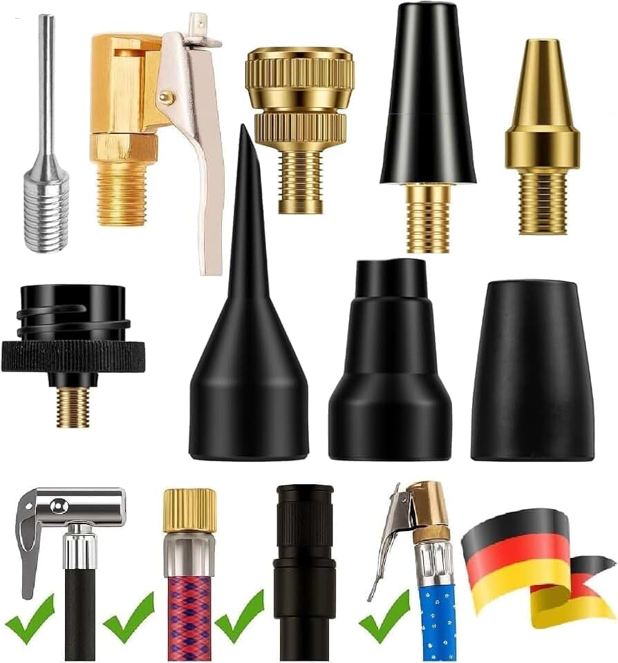 DSMAN Kompressor Adapter Set 9-teilig, Ventiladapter für Fahrrad (Französisches Ventil/Presta) und Auto, Reifenstecker mit Hebel, Ballnadel, Düsen für Luftmatratze, Pool und Bälle