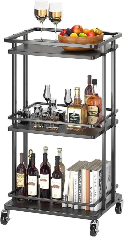 XYZLVSI Bar Cart, Home Bar Serving Cart, 3 Tier Kitchen Shelf with Wheels