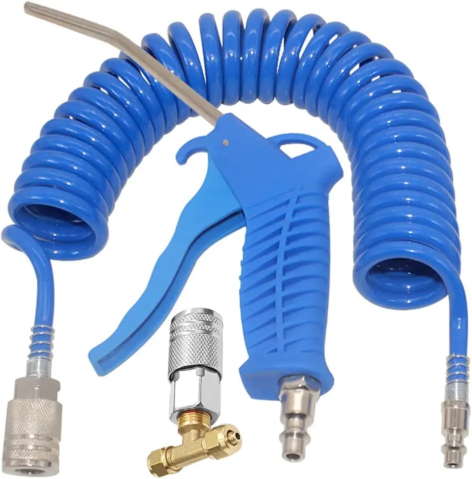 Air Blow Gun kit High Flow with 8mm OD 16ft Long Coil PU Air Hose Air Duster Blow Gun Kit Tee Quick Connector(Blue)