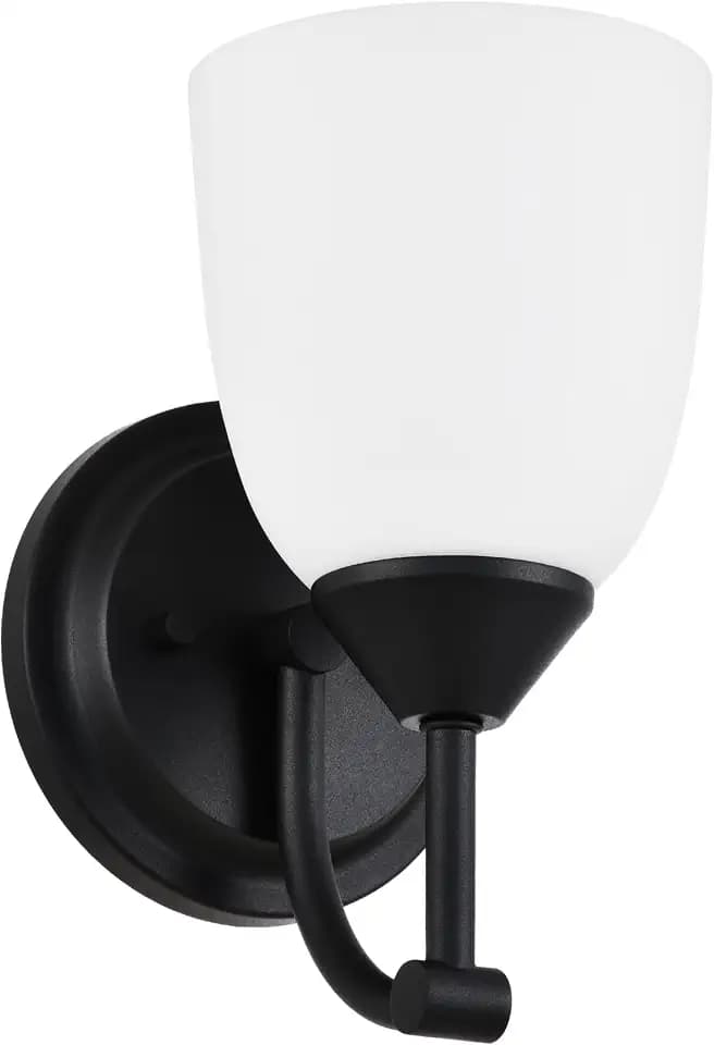 Traditional 1-Light Indoor Black Wall Sconce with Frosted Glass Bathroom Bedroom Hallway, 9.6" H x 5.5" W, Textured Black