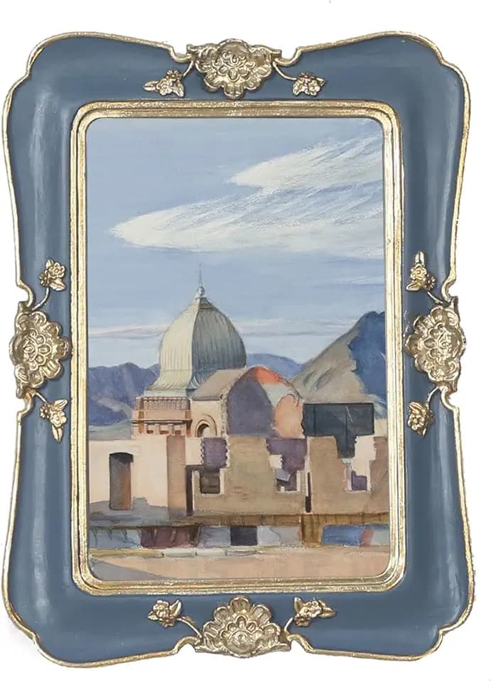WINPLUS+ Vintage Picture Frame 5x7, Wall Mount and Tabletop Display, Art Gallery Gift (Blue and Gold 5x7)