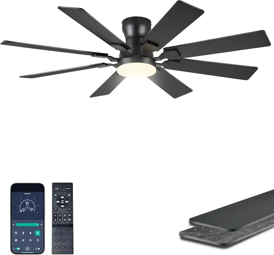 JSAITEE 52Inch Ceiling Fan with Lights, Flush Mount Low Profile, Black