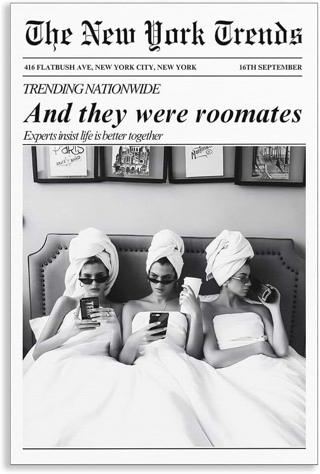 Newspaper Canvas Wall Art, Funny Quote And They Were Roommates Aesthetic Poster, Black and White Girly Bathroom Wall Decor, Vintage Stylish Glam Girls In Bed Bedroom Print 12x16in Unframed