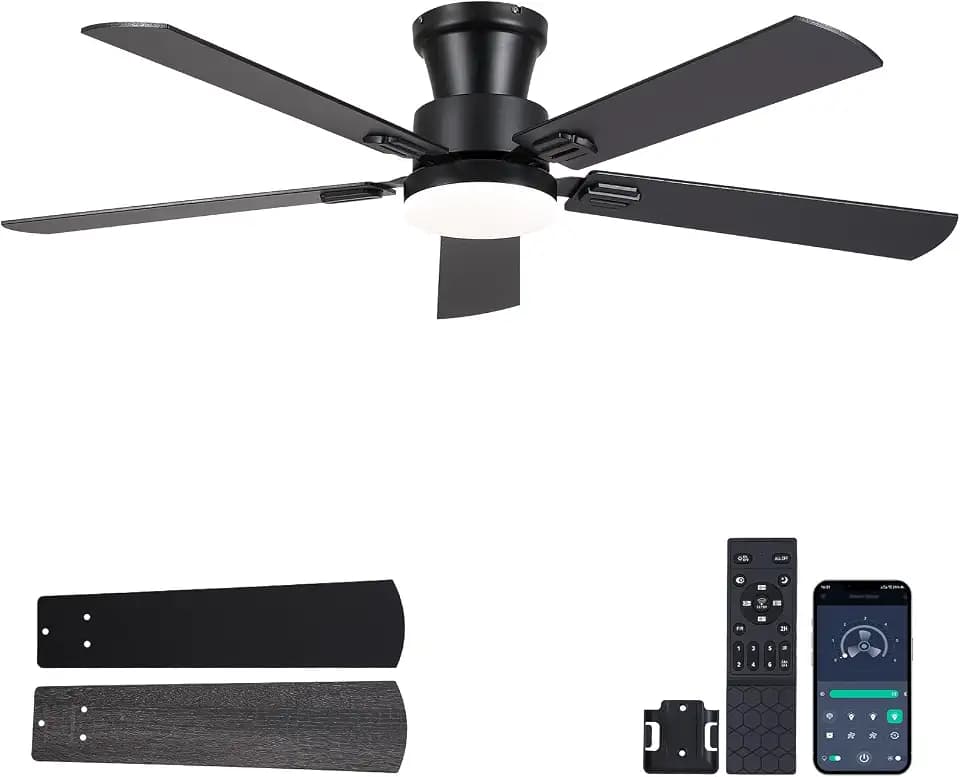 NKPU 52 Inch Low Profile Ceiling Fans with Lights, Black