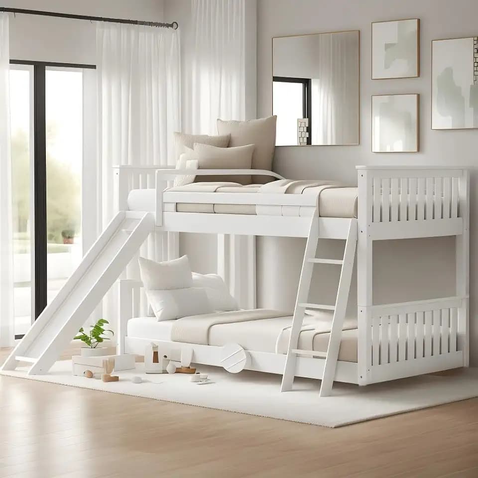 DNYN Twin Over Twin Bunk Bed with Slide for Kids Bedroom,Solid Wood Floor Bunkbeds for Boys and Girls,Easy Assembly & No Box Spring Needed & Space Saving Design, White