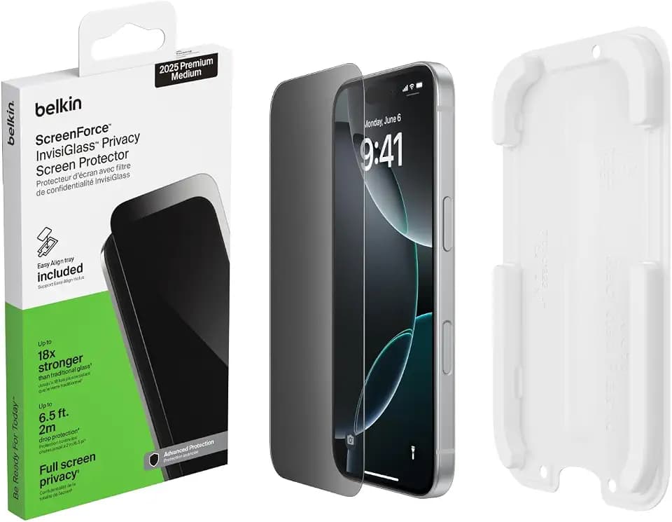 Belkin ScreenForce InvisiGlass Schutzfolie iPhone 17 Pro mit Sichtschutz, Kratzfest, Displayschutzfolie mit Positionierungsschale, Blasenfreie Anbringung, Glasschutz, 9H Härte, Recyceltes Glas