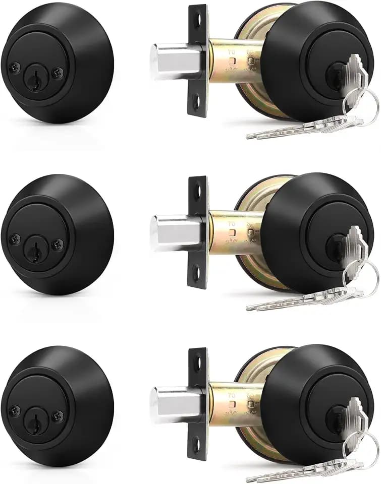 Probrico 3 Pack Black Double Cylinder Deadbolt Lock, Round Keyed Both Side Door Lock,Keyed Alike