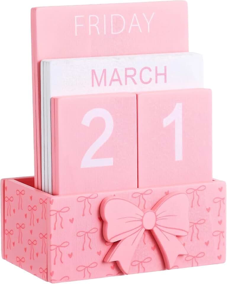 Aceorbit Pink Bow Wood Block Perpetual Calendar Coquette Desk Decor