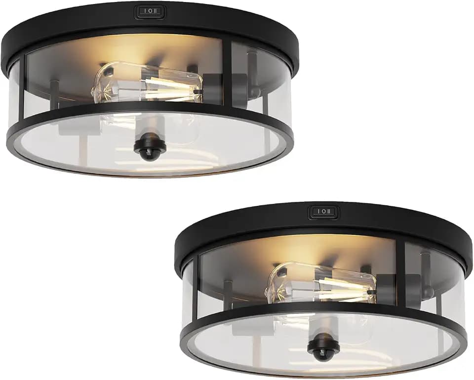 2Pack Outdoor Flush Mount Ceiling Light 12.5In - Motion Sensor Porch Light, 2-Light E26 Socket, Durable Iron & Clear Glass, Light Fixtures for Porch, Driveway, Covered Patio, Farmhouse