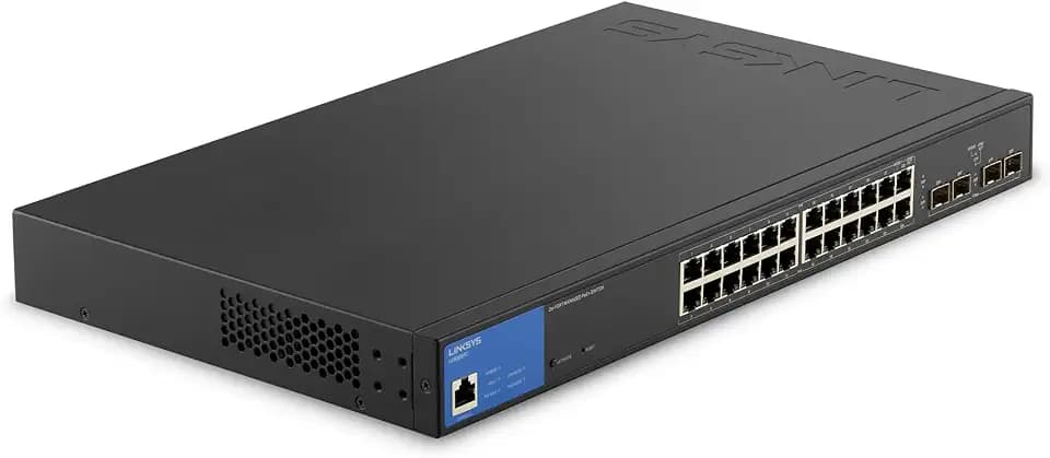 Linksys 24-Port Managed Gigabit-Netzwerk-Switch, 4 1-Gb-Uplink-SFP-Steckplätze, PoE/PoE+, QoS, statisches Routing, VLAN, IGMP, Metallgehäuse, Platzierung auf dem Schreibtisch/an der Wand – LGS328PC