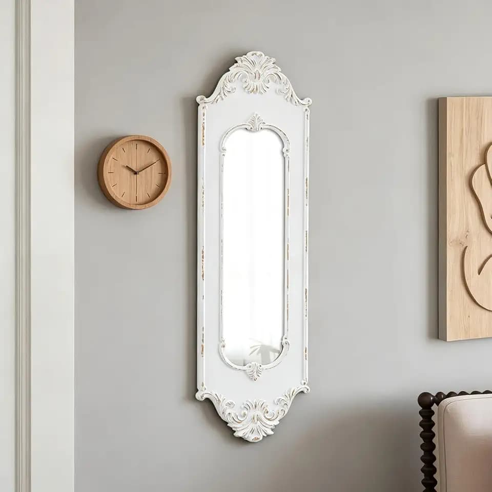 Vintage Narrow Mirror 13 X 40 Inch, Distressed White