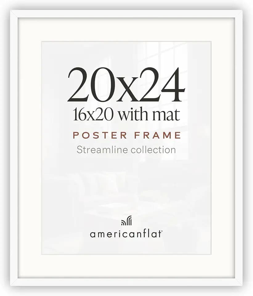 Americanflat 20x24 Poster Frame - Matted to 16x20 - Slim Molding - White
