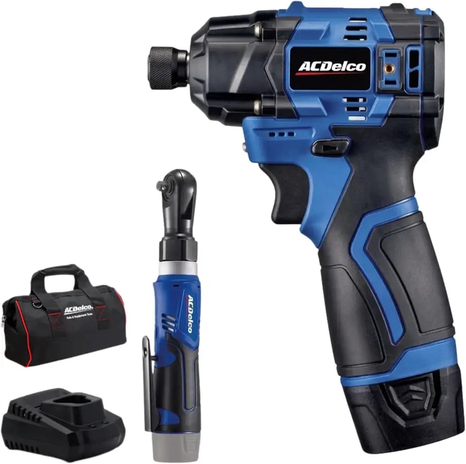 ACDelco G12 Series 12V Cordless Power Tool Combo Kit: 1/4" Hex Brushless Impact Driver (170 Nm) & 3/8" Ratchet Wrench (45 Ft-lbs) with 2.0Ah Li-ion Battery and Intelligent Fast Charger - ARI12185-K1