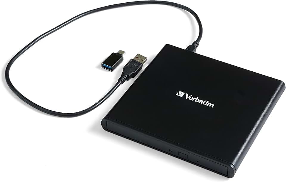 Verbatim Externer Slimline CD/DVD-Brenner, mobiles externes Laufwerk zum Brennen, schnelle Datensicherung, mit Nero Burn & Archive, 98938
