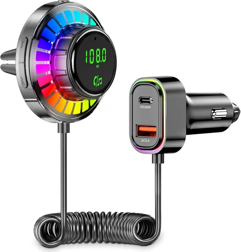 Bluetooth Adapter Auto FM Transmitter mit RGB Licht - Bluetooth 5.3 Freisprecheinrichtung, PD30W USB-C & QC3.0 Schnellladegerät, Auto Bluetooth Adapter für iPhone Android Autoradio