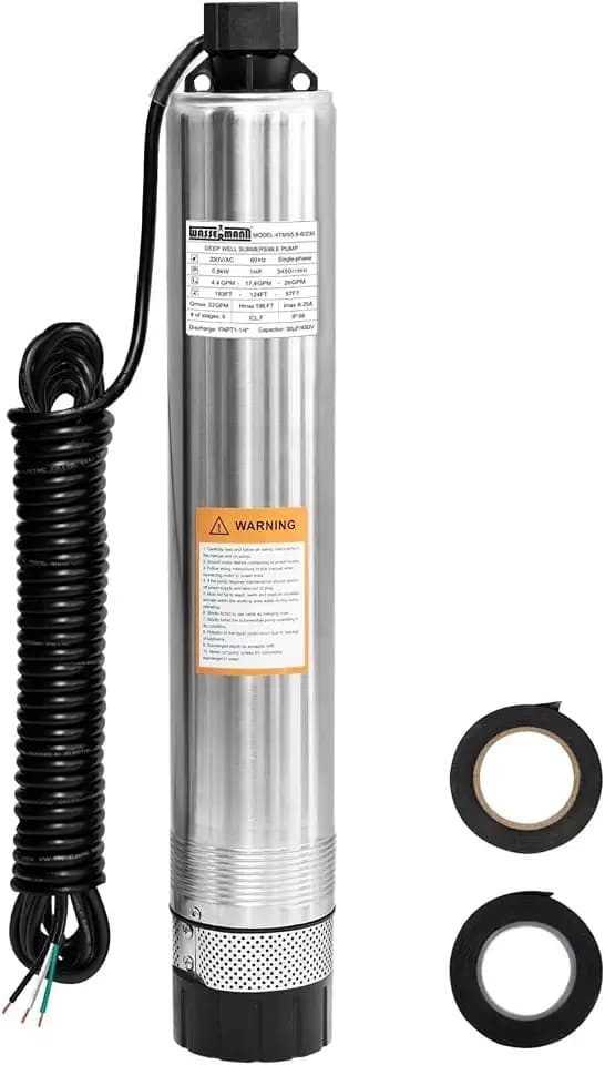 WASSERMANN 4" Septic Pump Submersible Effluent/Cistern Bottom Suction Pump with 33FT Cable,1HP,230V/60HZ,32GPM,207FT Head,Stainless Steel Deep Well Pumps for Septic Tank Home