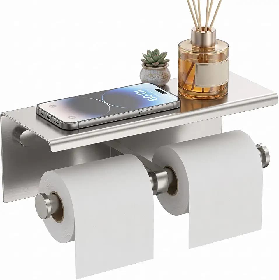 BWE Double Toilet Paper Holder with Shelf Wall Mount Tissue Holder Bathroom