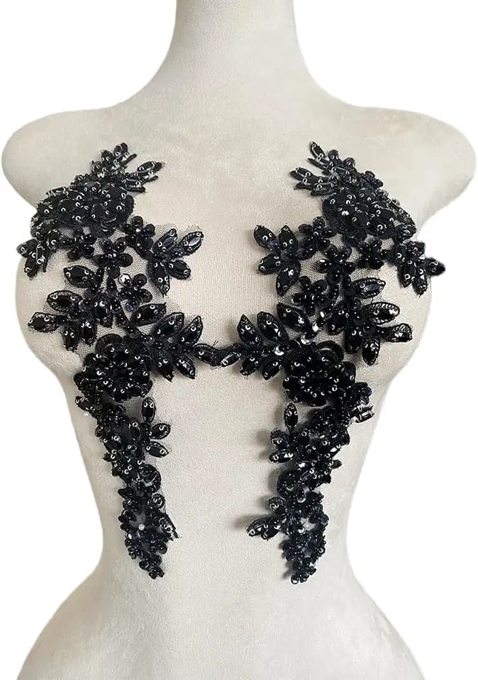 Handmade red/White//Green/Blue Rhinestones Applique Sewing Beads Stones Trim lace Patches Accessory for Dress Clothes one Pair (Black)