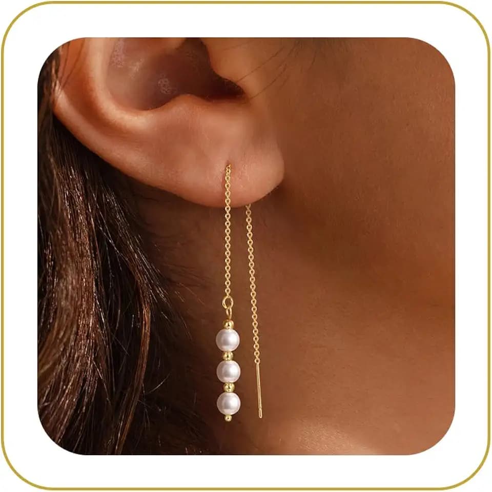 Carffordo Pearl Earrings for Women, 14K Gold Plated Drop Threader Earring