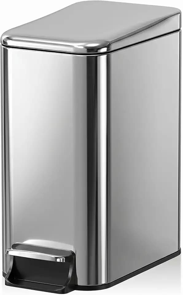 Small Bathroom Trash Can w/Lid Soft Close, 6 Liter/1.6 Gallon Stainless Steel Garbage Can w/Inner Bucket, Trash Bin Waste Basket for Kitchen, Bedroom, Living Room, Office, Toilet, Silver