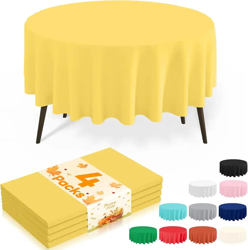misaya 4 Packs Disposable Plastic Table Cloth, 84" Round Waterproof Tablecloth, Leakproof & Sturdy Decorative Table Covers for Picnic, Party, Outdoor and Back to School, Yellow