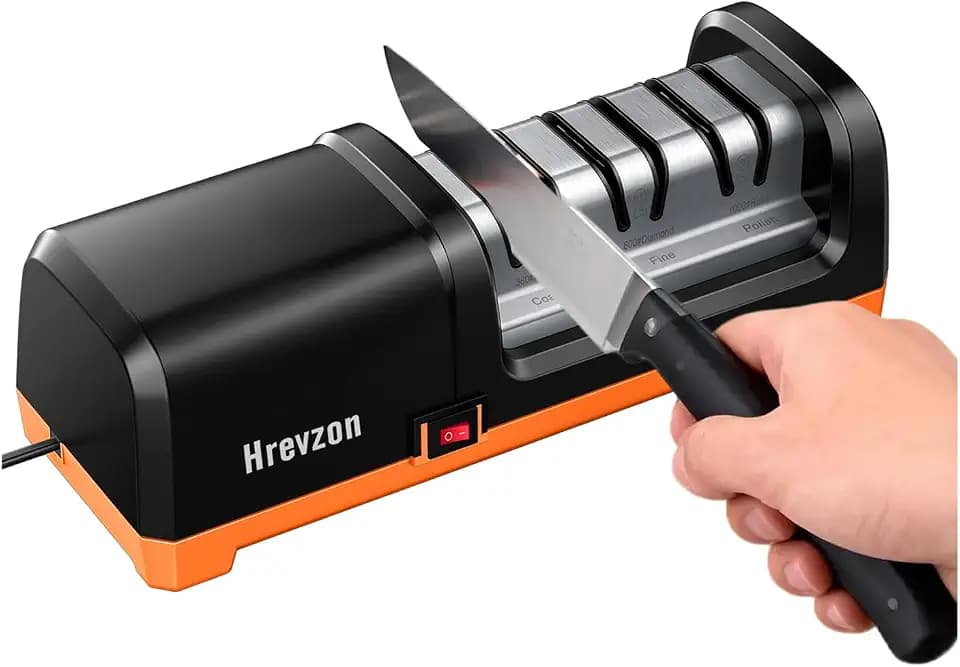 Electric Knife Sharpener for Kitchen Knives, 3-Stage Professional Sharpening System with 100% Diamond Abrasives, Precision Angle Guides, Non-Slip Base, Magnetic Dust Collector, Black/Orange