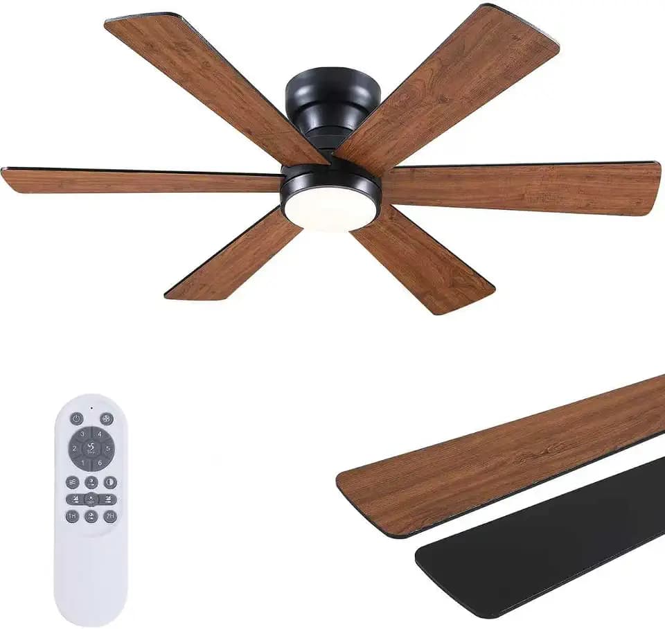 Asyko 46"Brown 6-Blade Modern Low Profile Ceiling Fan with Light and Remote
