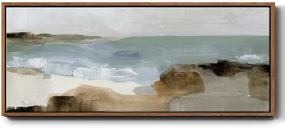 Renditions Gallery Floater Frame Abstract Paintings Where the Land Meets the Sea Nature Canvas Wall Hangings for Hotel School Farmhouse - 20"x50" Walnut Frame LT620