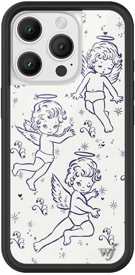 Wildflower Cherubs, kompatibel mit Apple iPhone 16 Pro, Babyengel Blau/Weiß, weich, Y2K, beliebt, ästhetisch, niedlich, trendig, schützender schwarzer Stoßfänger, 1,2 m Fallzertifiziert, kleines