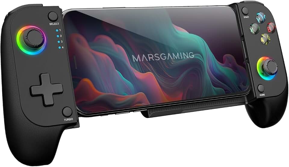 Mars Gaming MGPX, Bluetooth 5.0 Gamepad 2in1, RGB Neon, Dual Vibration und Turbo-Funktion, Smartphone-Halterung bis zu 6.8", Controller Kompatibilität PC, Android, iOS und Konsolen, USB-C, Schwarz