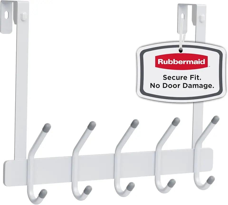 Rubbermaid Over the Door Hook Rack with 5 Double Hooks, No Drill Needed, for Towels, Robes, Hanging Accessories in Bathroom, Bedroom, Closet, Dorm, White