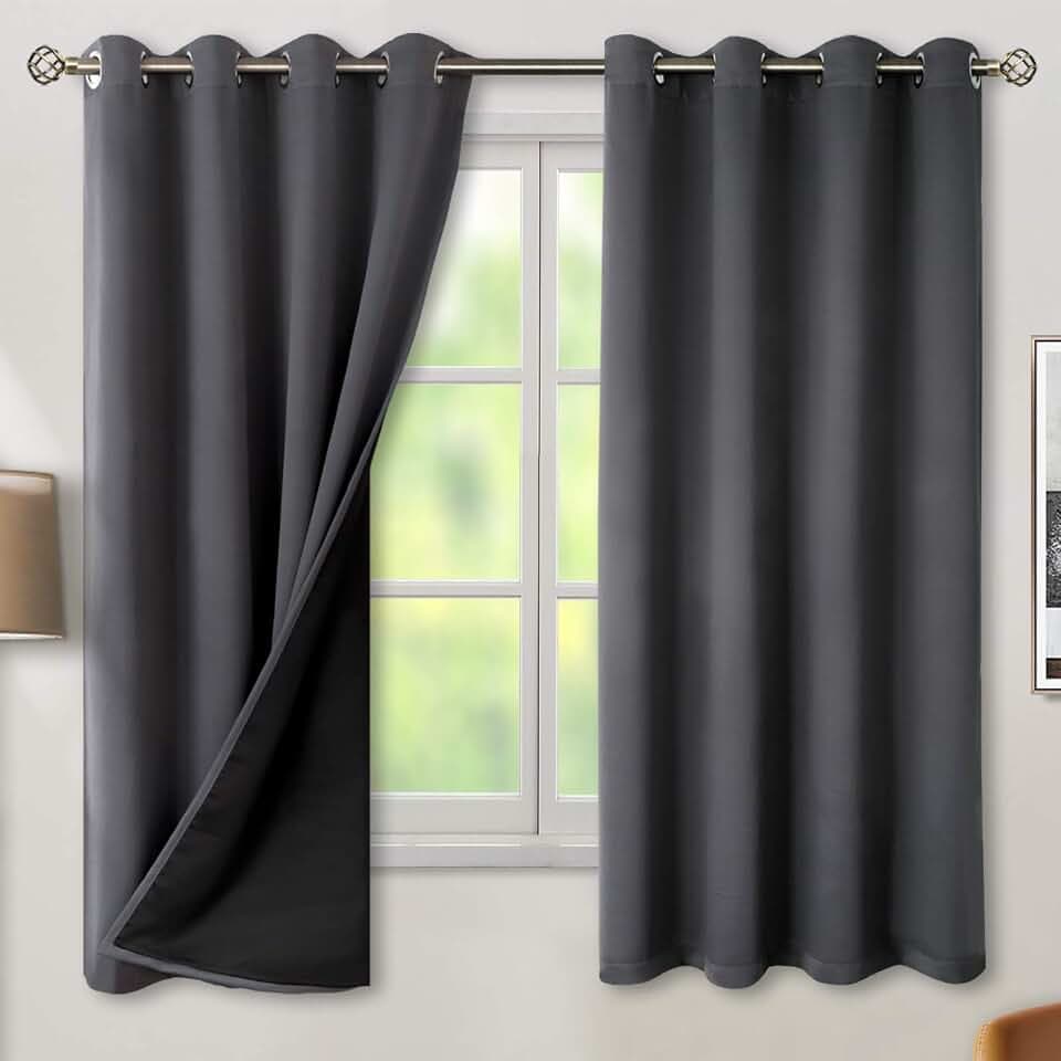 BGment Thermal Insulated 100% Blackout Curtains for Bedroom with Black Liner, Double Layer Full Room Darkening Noise Reducing Grommet Curtain (52 x 63 Inch, Dark Grey, 2 Panels)