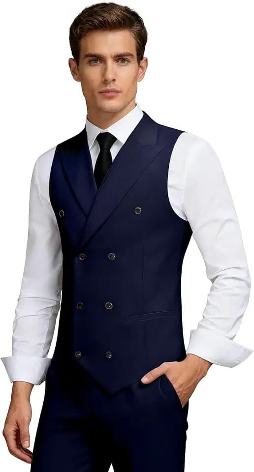 Men Suits Slim Fit 2 Piece Double Breasted Suit Vest Pants Set