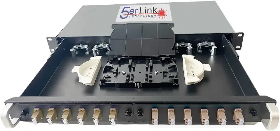 24 Strand 1U Fiber Optic Cable Rack Mount Enclosure with 12 LC Duplex Couplers for 19" Racks or Cabinets | Includes Splice Tray and Fusion Splice Sleeves 60mm Long | Fiber Optic Box (LC OM1)