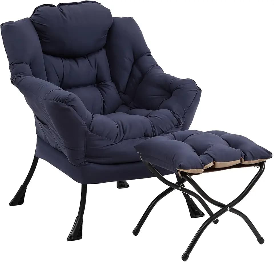 Furlide Lazy Chair with Ottoman, Soft Comfy Chair for Bedroom, Navy