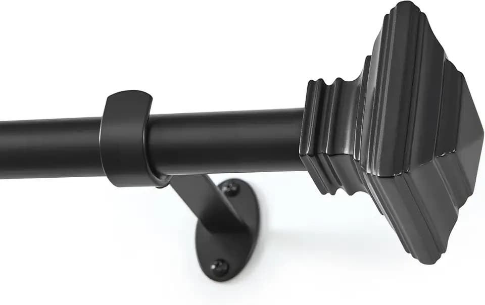 Florence Single Curtain Rod with Stacked Square Finial, Antique Black - 32"W x 78"L