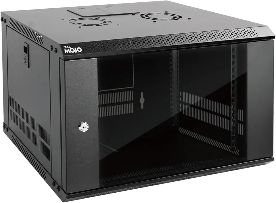 Tecmojo 19 Zoll 6HE 450mm Tief Netzwerk-Schrank, Wand-Serverschrank, IT-Netzwerk-Rack-Gehäuse, abschließbare Tür und Seitenwände, Glastür, Flachverpackung, Schwarz