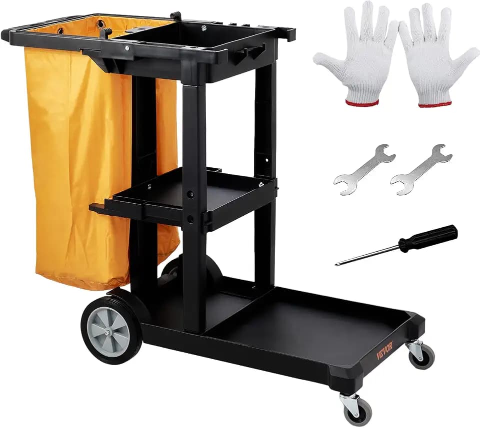 VEVOR Cleaning Cart, 3-Shelf Commercial Janitorial Cart, 200 lbs Capacity Plastic Housekeeping Cart, with 25 Gallon PVC Bag, 47 x 20 x 38.6in, Yellow & Black