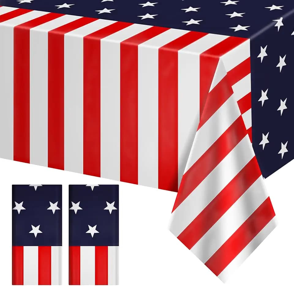 Just Shimmer 2 Pack American Flag Tablecloth, 54x108 Disposable Plastic Patriotic Table Cover, Red White Blue Stars and Stripes Tablecloth for 4th of July, Independence Day, Picnic, BBQ, Memorial Day