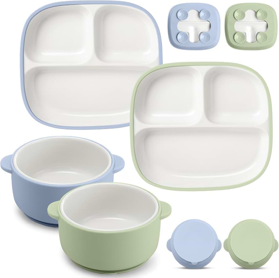 Domensi 4 Pcs Square Porcelain Kid Suction Plate and Bowl,Blue, Green