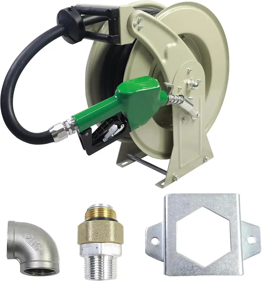 3/4"X33' Fuel Hose Reel & Fuel Nozzle & Fuel Hose Swivel,Spring Driven Retractable Diesel Hose Reel,Inlet 1" NPT Thread,Oulet 3/4" NPT Thread Swivel,Heavy Duty Steel Construction Reel