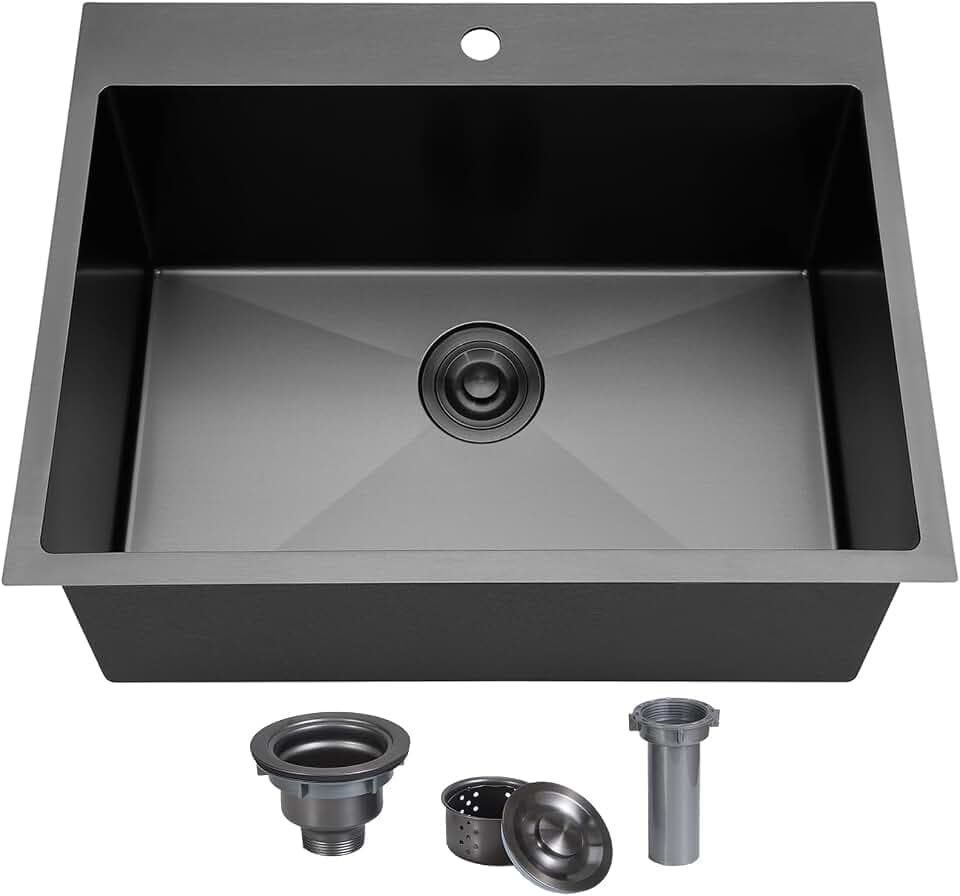 SHACO 25x22 Inch Black Drop In Kitchen Sink, Top Mount 16 Gauge 304 Stainless Steel 8 Inch Deep Laundry Utility Sink, Gunmetal Black Single Bowl Topmount Overmount Sink