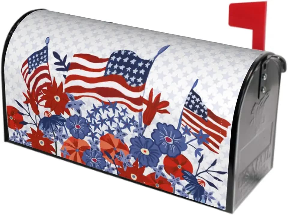Sweetshow Day 4th of July American Flag Mailbox Cover Patriotic Memorial Magnetic Covers Colorful Flowers Star Large Post Letter Box Garden Yard Home Decor for Outside 21'' x18''