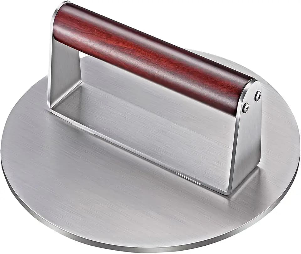 Heavy Duty 2.5 lb Stainless Steel Burger Press – 8.5 Inch Smash Burger Press Hamburger & Bacon Press for Steak, Meat, Flat Top Grill & BBQ, Polished Smooth Base Hamburger Smasher with Wooden Handle